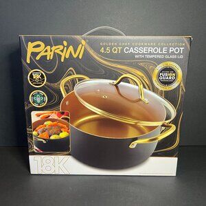 NIB Parini 4.5Qt 18K Infused Gold Coated Casserole Pot w/ Tempered Glass Lid